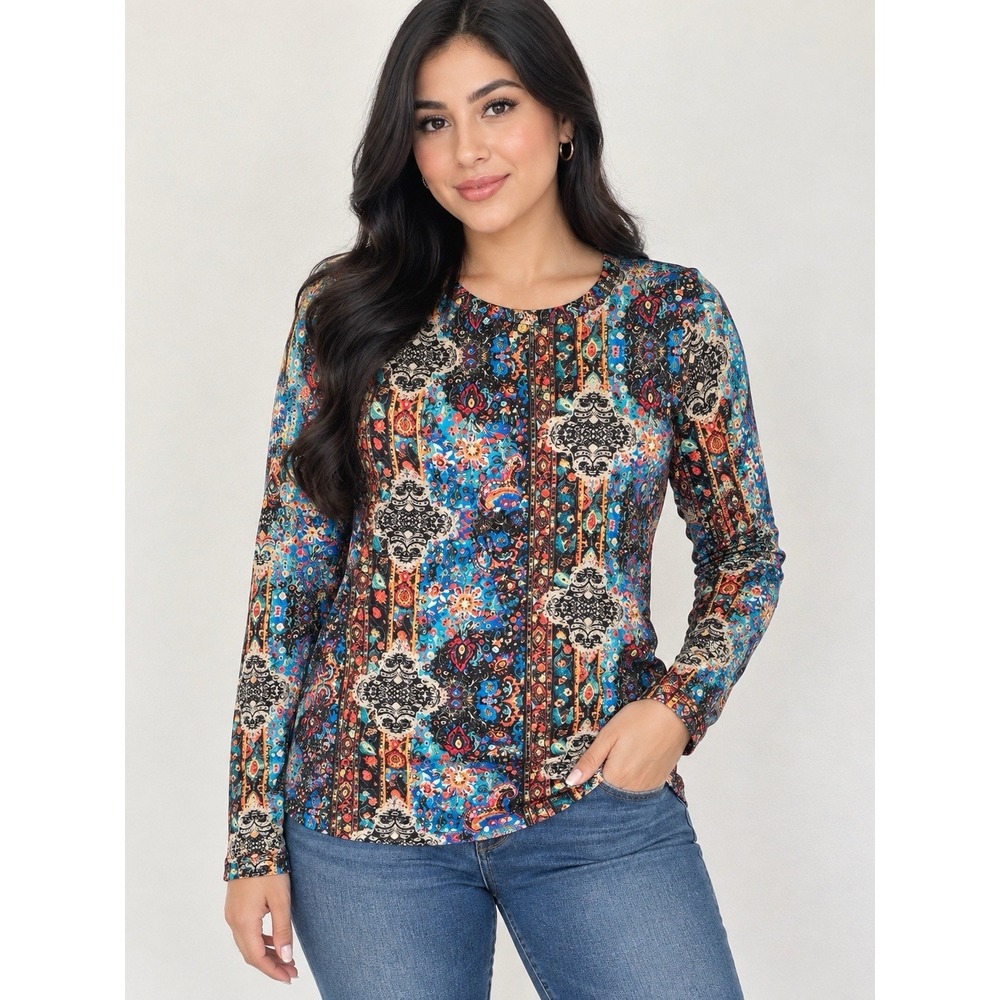 NWT Fantaslook Women Boho Paisley Floral Henley Long Sleeve Blouse Size Small
